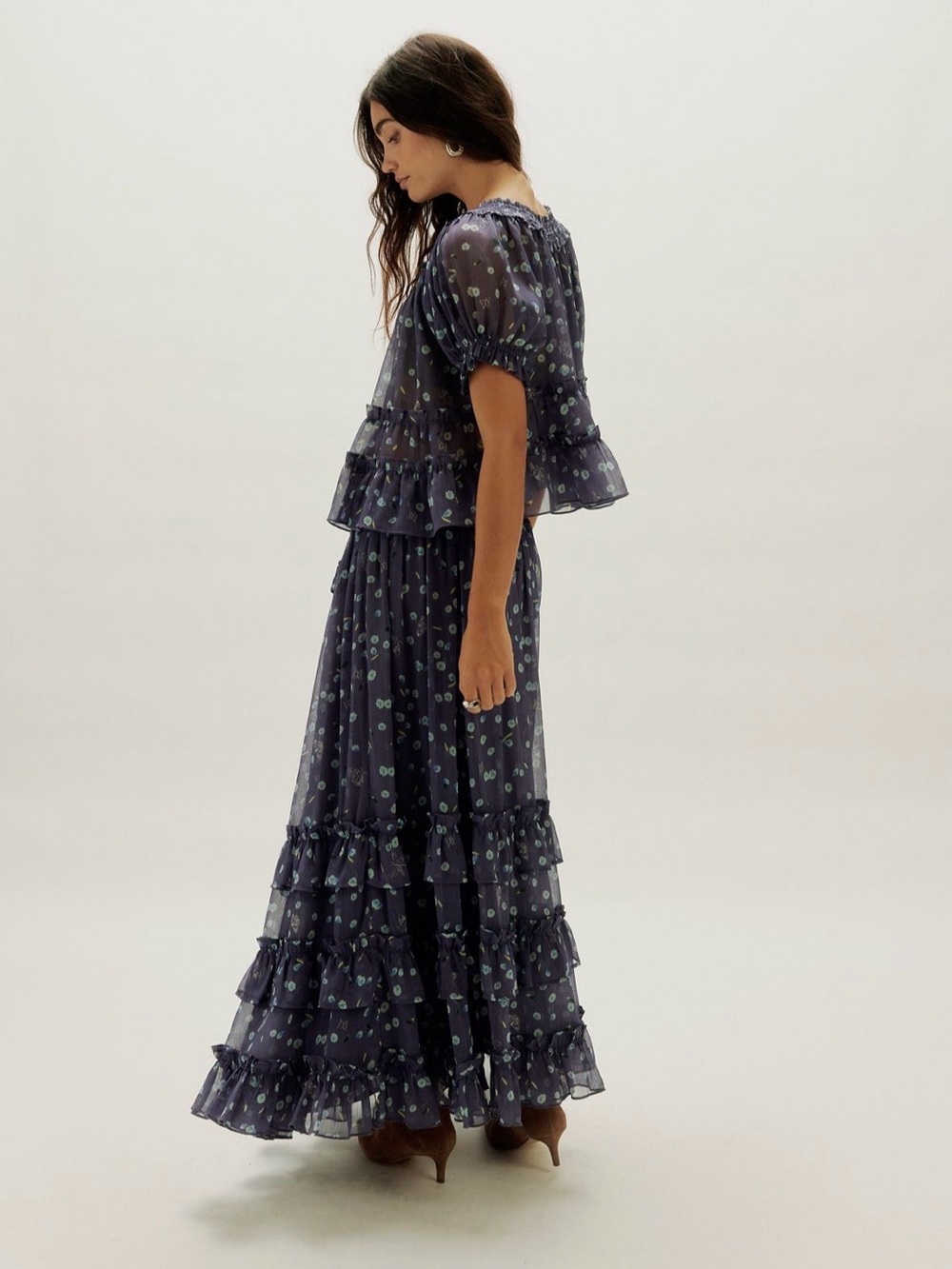 Free People Dusty Blue Floral Tiered two piece set- blouse and maxi skirt - Picture 2 of 9